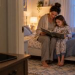 Parent and child reading together before bedtime, with a tablet set aside outside the bedroom.