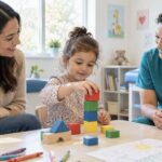 Preschooler stacking colorful blocks while a parent and healthcare provider observe during a developmental visit.