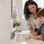 Parent helping a child wash their hands with soap at home.