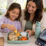 Parent and child packing a school lunch with a sandwich, fruit, vegetables, and yogurt.