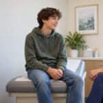 Teen talking with a healthcare provider during a wellness visit.